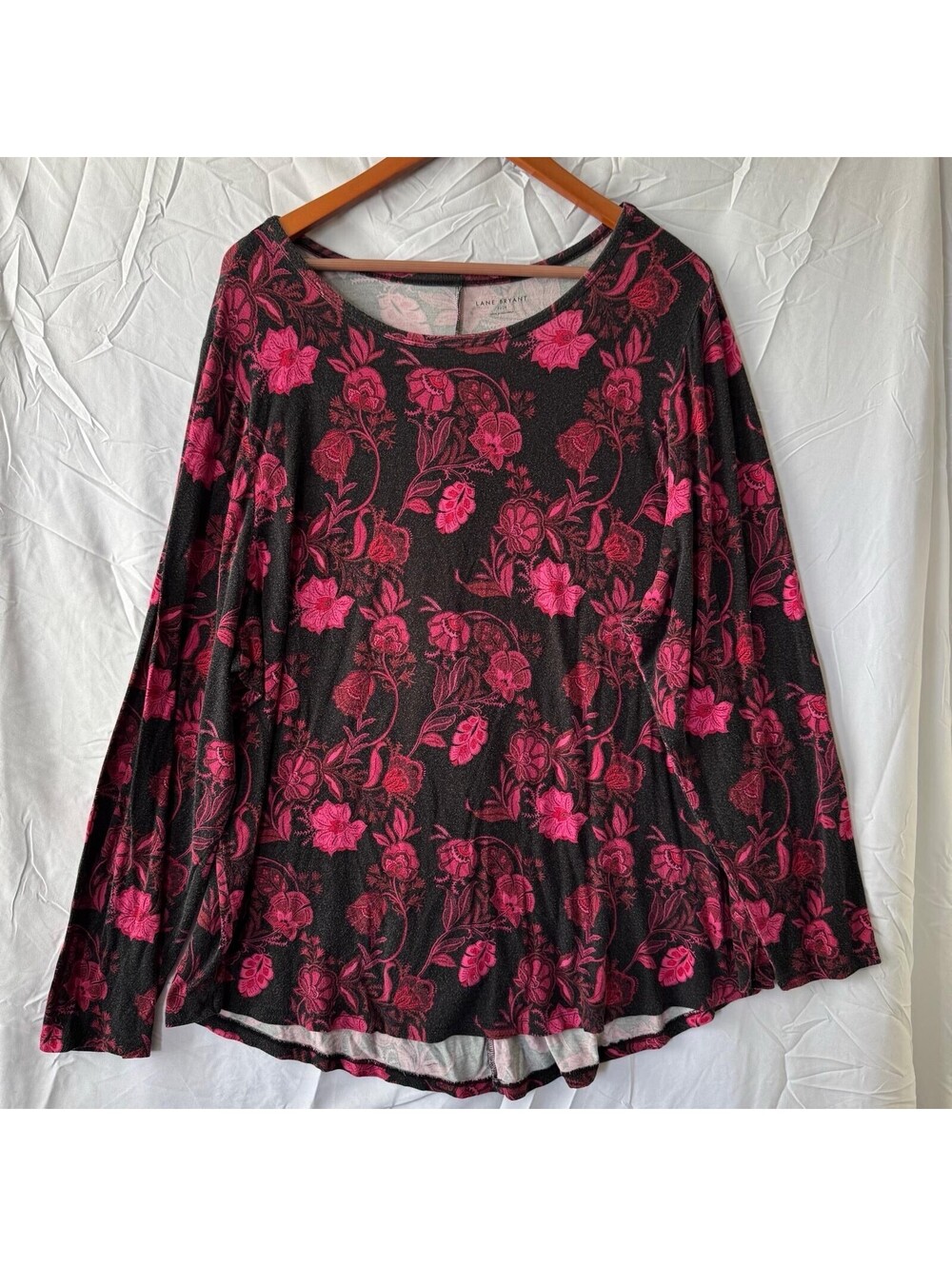 Lane Bryant Top 22/24 Black Pink Floral Rayon Stretch Long Sleeve